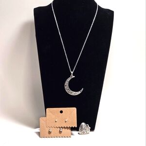 925 Silver Necklace 18" Chain Moon and Heart Pendants Small Ball Post Earrings